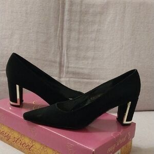 Easy Street Black Heels with Unique Block Heel and Pointed Toe